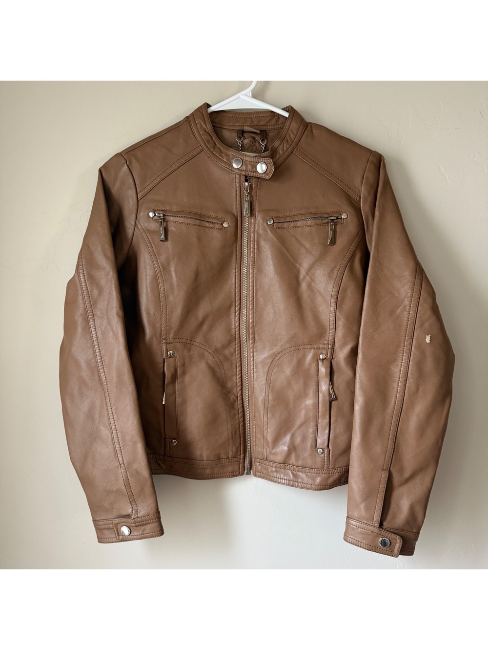 Jou Jou Faux Leather Moto Jacket Taupe Brown | L